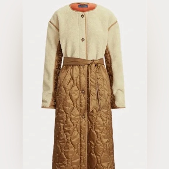 Polo Ralph Lauren women’s Belted Quilted & Sherpa Cream and Brown Coat - Picture 4 of 11